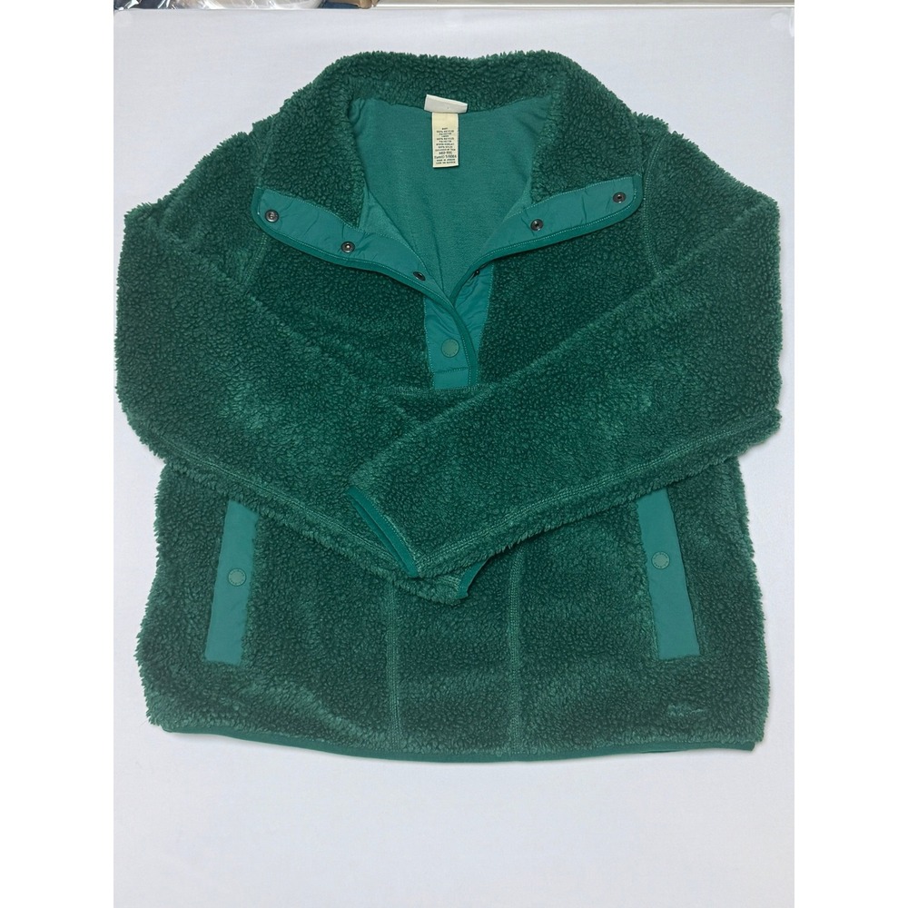 L.L. Bean Sherpa Fleece Pullover Medium Green Teddy Snap Gorpcore Outdoors Camp